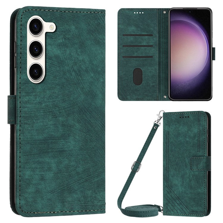 For Samsung Galaxy S23 PU Leather Wallet Folio Case Lines Imprinted Stand Phone Cover with Shoulder Strap - Green