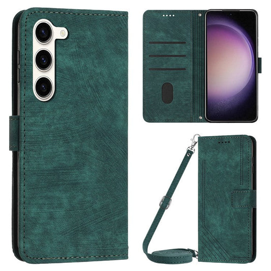 For Samsung Galaxy S23 PU Leather Wallet Folio Case Lines Imprinted Stand Phone Cover with Shoulder Strap - Green