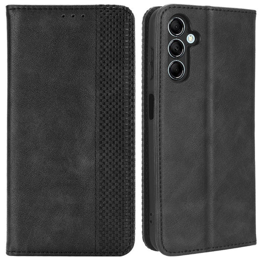 For Samsung Galaxy M14 5G Retro Phone Case PU Leather Phone Stand Wallet Protective Cover - Black