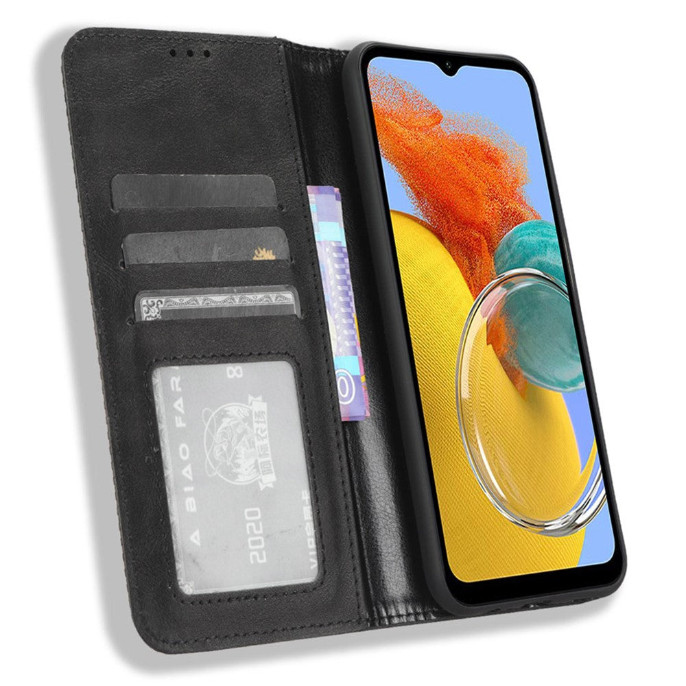 For Samsung Galaxy M14 5G Retro Phone Case PU Leather Phone Stand Wallet Protective Cover - Black