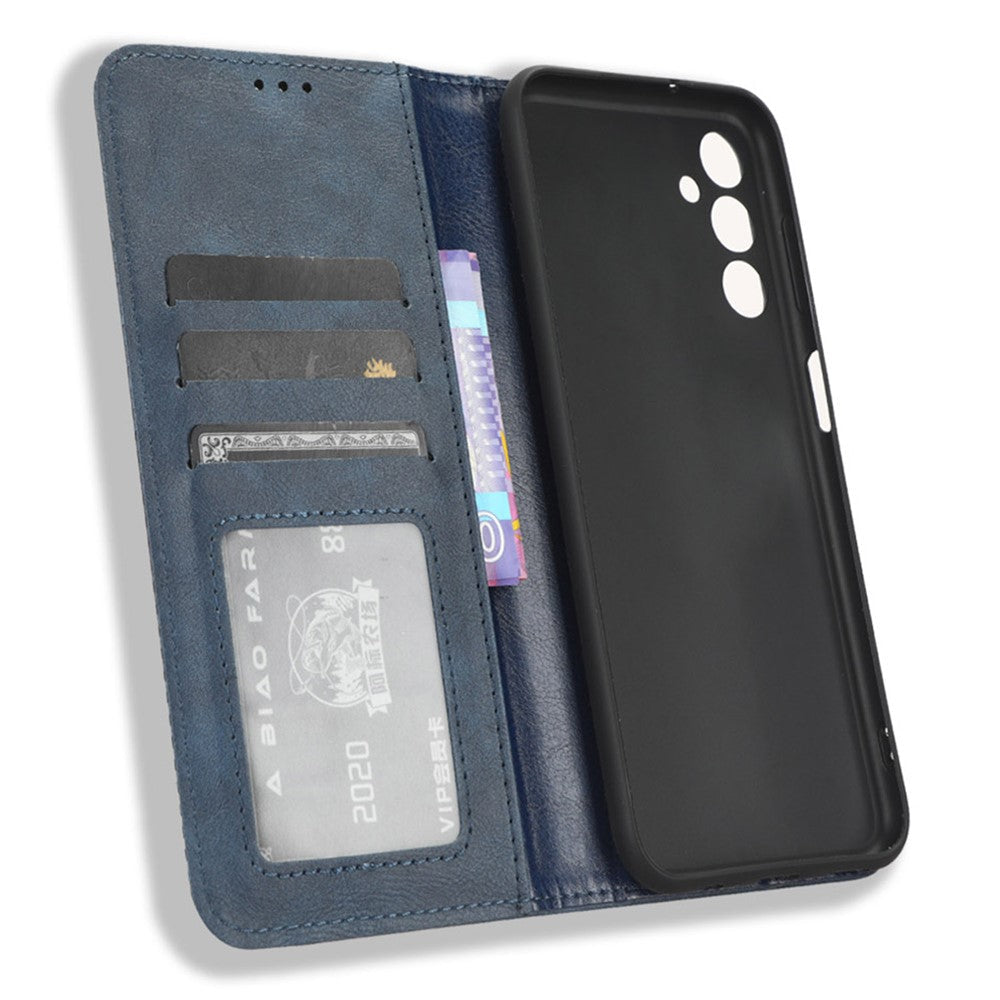 For Samsung Galaxy M14 5G Retro Phone Case PU Leather Phone Stand Wallet Protective Cover - Blue