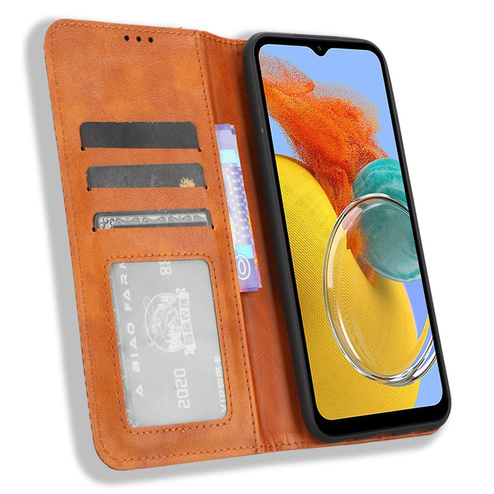 For Samsung Galaxy M14 5G Retro Phone Case PU Leather Phone Stand Wallet Protective Cover - Brown