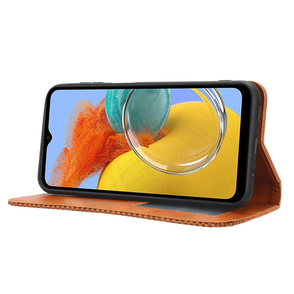 For Samsung Galaxy M14 5G Retro Phone Case PU Leather Phone Stand Wallet Protective Cover - Brown