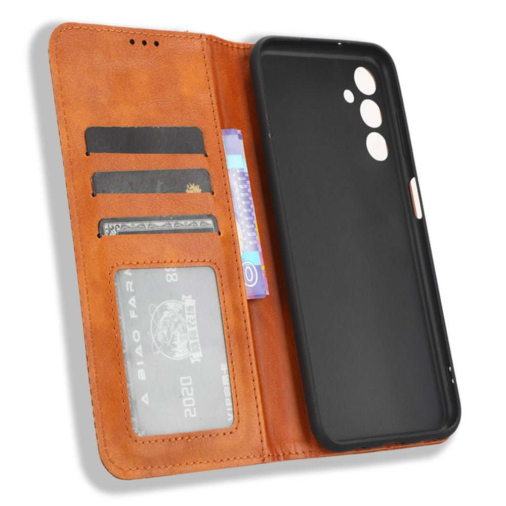 For Samsung Galaxy M14 5G Retro Phone Case PU Leather Phone Stand Wallet Protective Cover - Brown