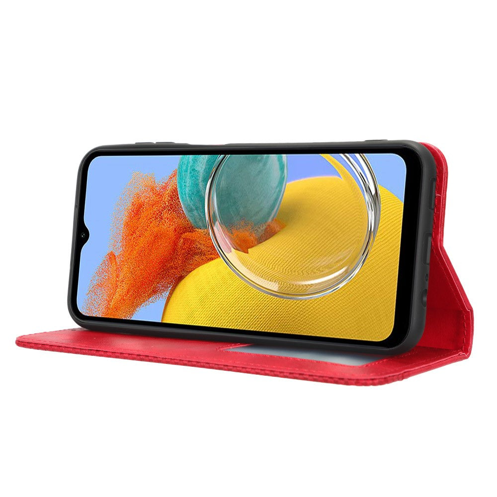 For Samsung Galaxy M14 5G Retro Phone Case PU Leather Phone Stand Wallet Protective Cover - Red