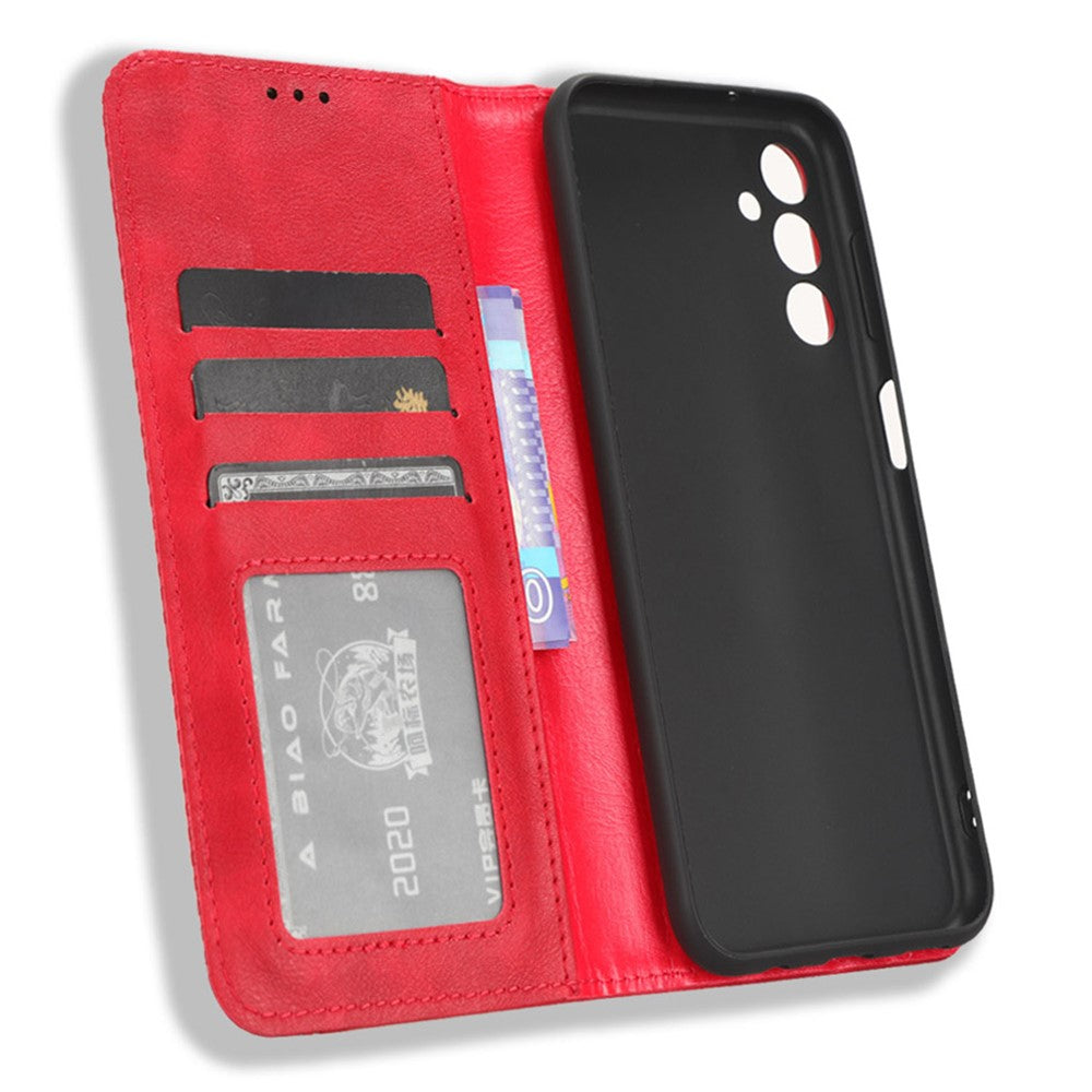 For Samsung Galaxy M14 5G Retro Phone Case PU Leather Phone Stand Wallet Protective Cover - Red