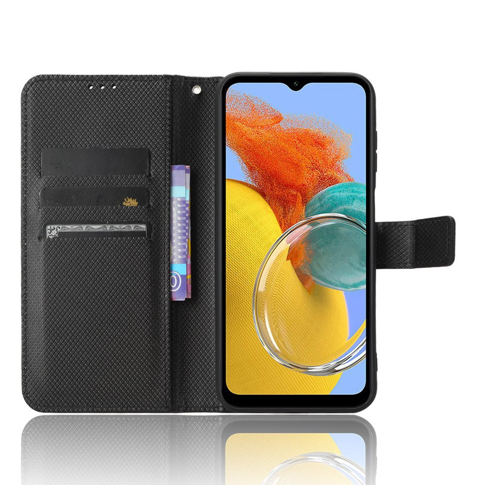 For Samsung Galaxy M14 5G Phone Leather Case Diamond Texture Stand Wallet Cell Phone Cover - Black