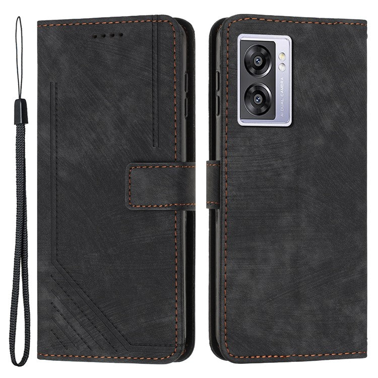 Leather Case for Oppo A57 (2022) 5G / 4G / A77 5G / Realme V23 5G Wallet Stand Phone Shell Lines Imprint Cover - Black