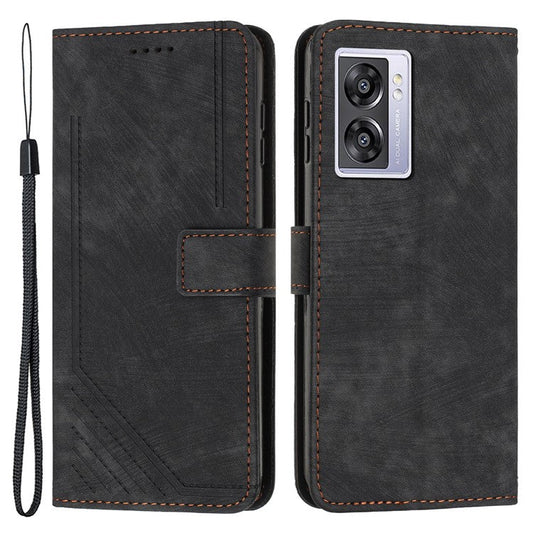 Leather Case for Oppo A57 (2022) 5G / 4G / A77 5G / Realme V23 5G Wallet Stand Phone Shell Lines Imprint Cover - Black
