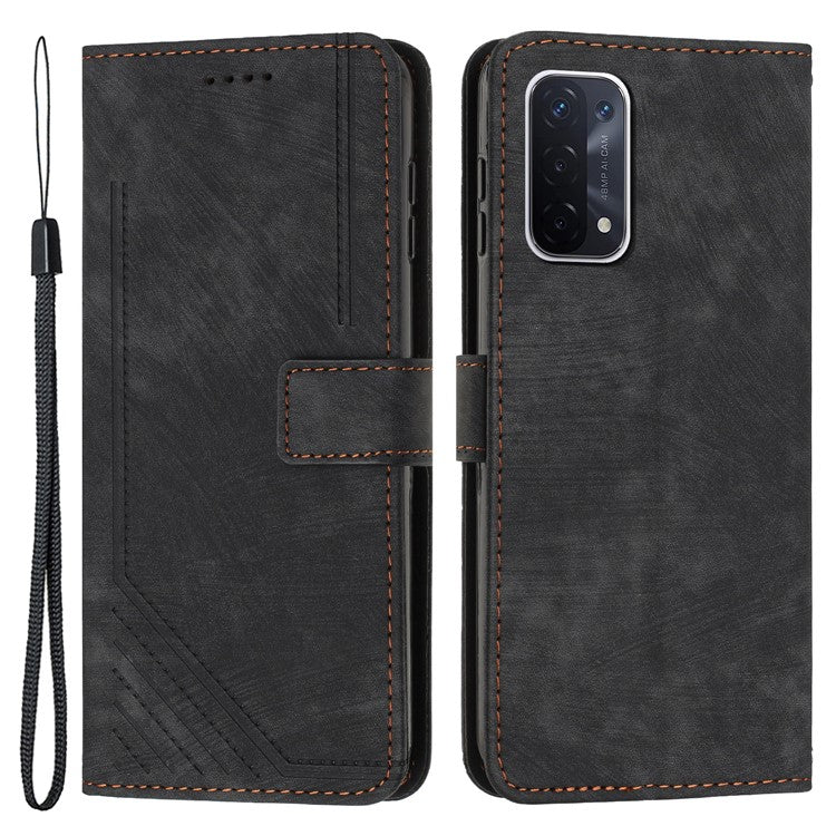 Phone Case for Oppo A74 5G / A93 5G / A54 5G Leather Wallet Stand Lines Imprint Cover - Black