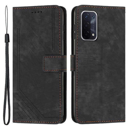 Phone Case for Oppo A74 5G / A93 5G / A54 5G Leather Wallet Stand Lines Imprint Cover - Black