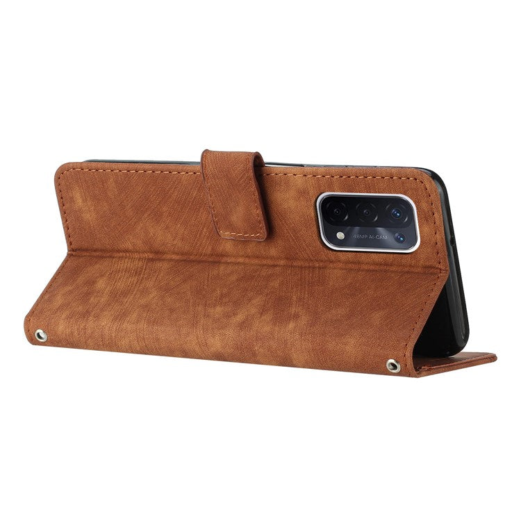 Phone Case for Oppo A74 5G / A93 5G / A54 5G Leather Wallet Stand Lines Imprint Cover - Brown