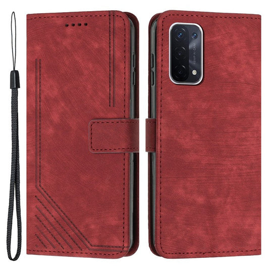 Phone Case for Oppo A74 5G / A93 5G / A54 5G Leather Wallet Stand Lines Imprint Cover - Red