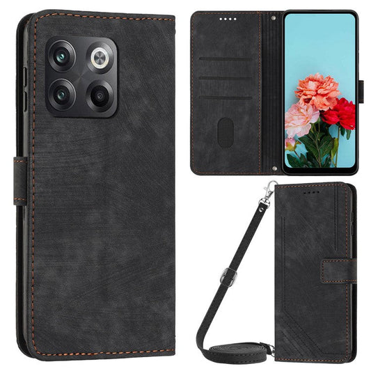 For OnePlus Ace Pro 5G / 10T 5G Wallet Phone Stand Case Lines Imprinted PU Leather Cover with Straps - Black