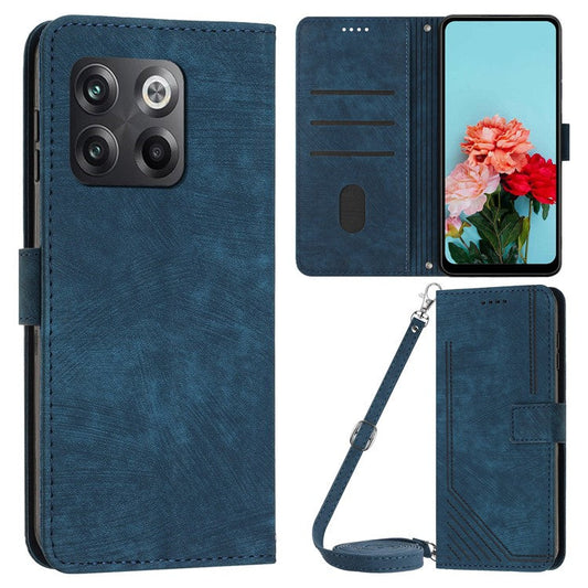 For OnePlus Ace Pro 5G / 10T 5G Wallet Phone Stand Case Lines Imprinted PU Leather Cover with Straps - Sapphire