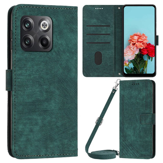For OnePlus Ace Pro 5G / 10T 5G Wallet Phone Stand Case Lines Imprinted PU Leather Cover with Straps - Green