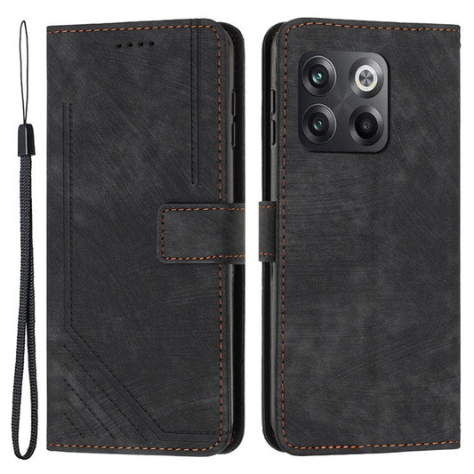 For OnePlus Ace Pro 5G / 10T 5G Imprinted Lines PU Leather Phone Cover Flip Stand Wallet Skin-touch Phone Case - Black