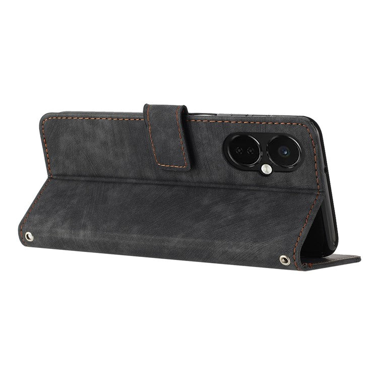 For OnePlus Nord CE3 5G PU Leather Wallet Phone Stand Case Lines Imprinted Cover with Straps - Black