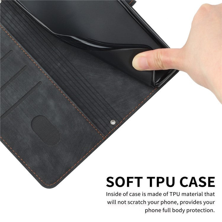 For OnePlus Nord CE3 5G PU Leather Wallet Phone Stand Case Lines Imprinted Cover with Straps - Black