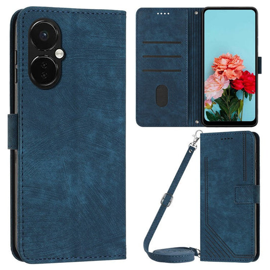For OnePlus Nord CE3 5G PU Leather Wallet Phone Stand Case Lines Imprinted Cover with Straps - Sapphire