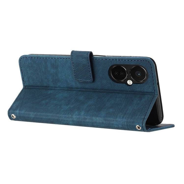 For OnePlus Nord CE3 5G PU Leather Wallet Phone Stand Case Lines Imprinted Cover with Straps - Sapphire