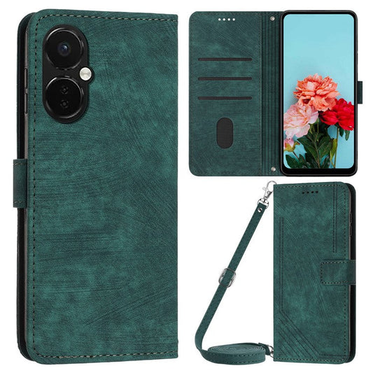 For OnePlus Nord CE3 5G PU Leather Wallet Phone Stand Case Lines Imprinted Cover with Straps - Green