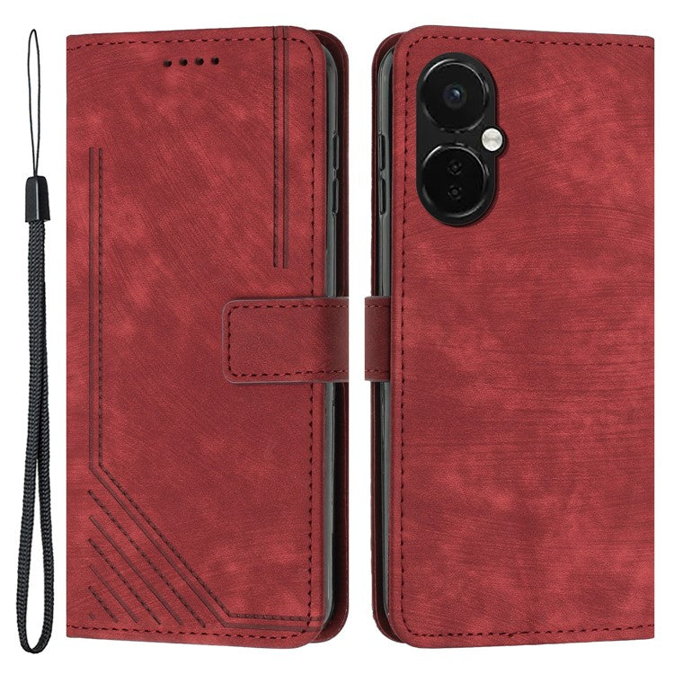 Flip Stand Phone Case for OnePlus Nord CE3 5G , Imprint Lines PU Leather Skin-touch Phone Cover Wallet - Red