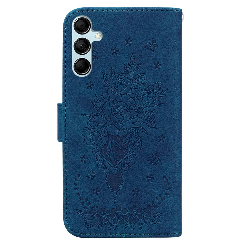 Leather Stand Wallet Phone Case for Samsung Galaxy M14 5G , Imprinted Rose Butterfly Phone Cover - Blue