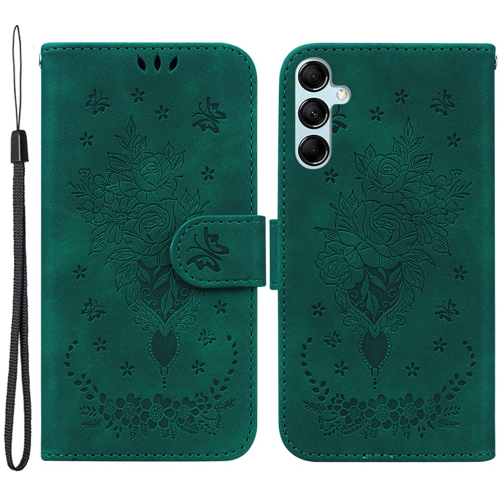 Leather Stand Wallet Phone Case for Samsung Galaxy M14 5G , Imprinted Rose Butterfly Phone Cover - Green