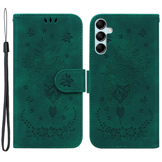 Leather Stand Wallet Phone Case for Samsung Galaxy M14 5G , Imprinted Rose Butterfly Phone Cover - Green