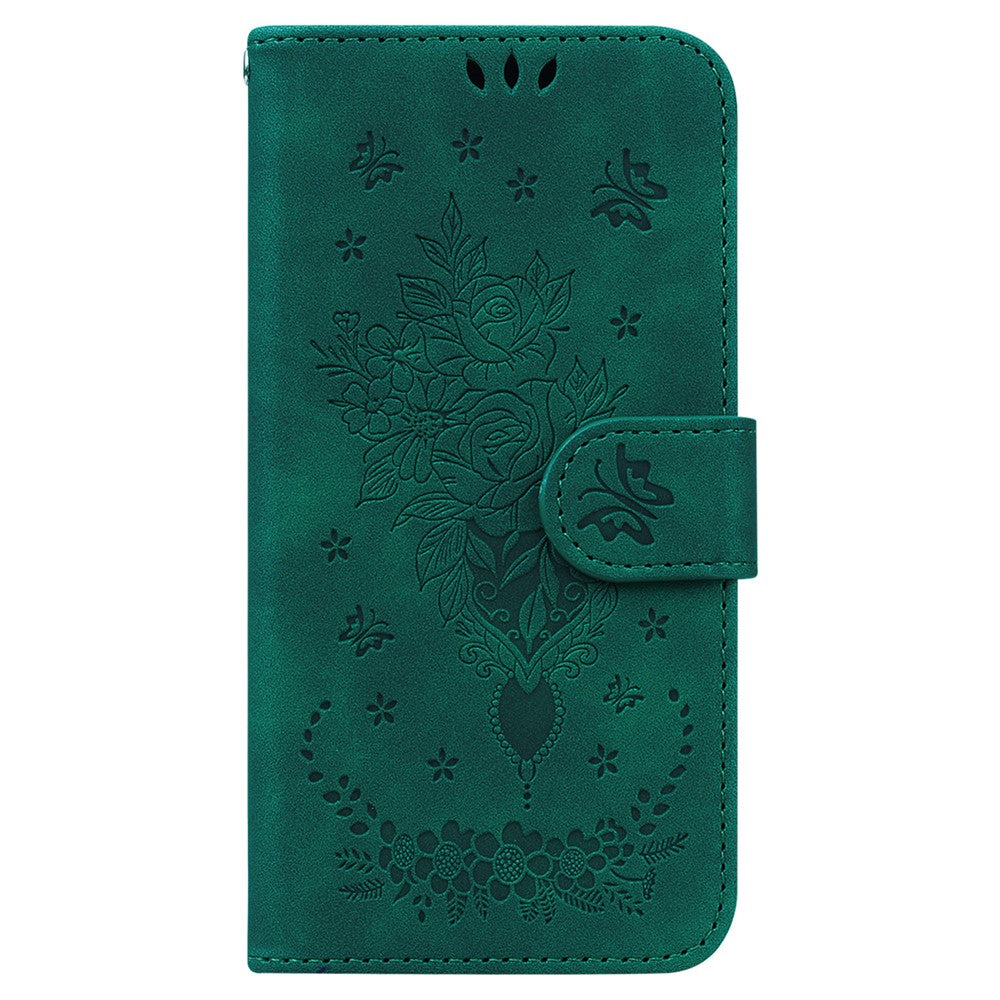 Leather Stand Wallet Phone Case for Samsung Galaxy M14 5G , Imprinted Rose Butterfly Phone Cover - Green