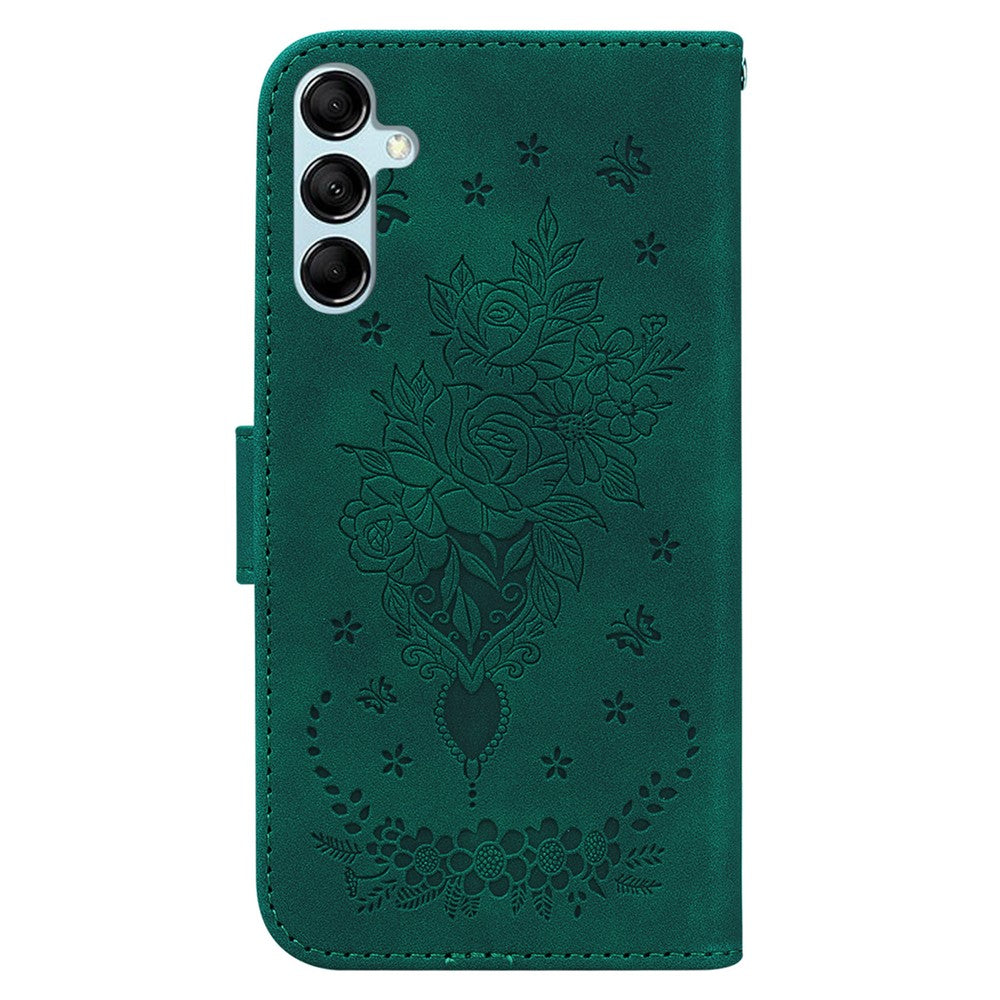 Leather Stand Wallet Phone Case for Samsung Galaxy M14 5G , Imprinted Rose Butterfly Phone Cover - Green
