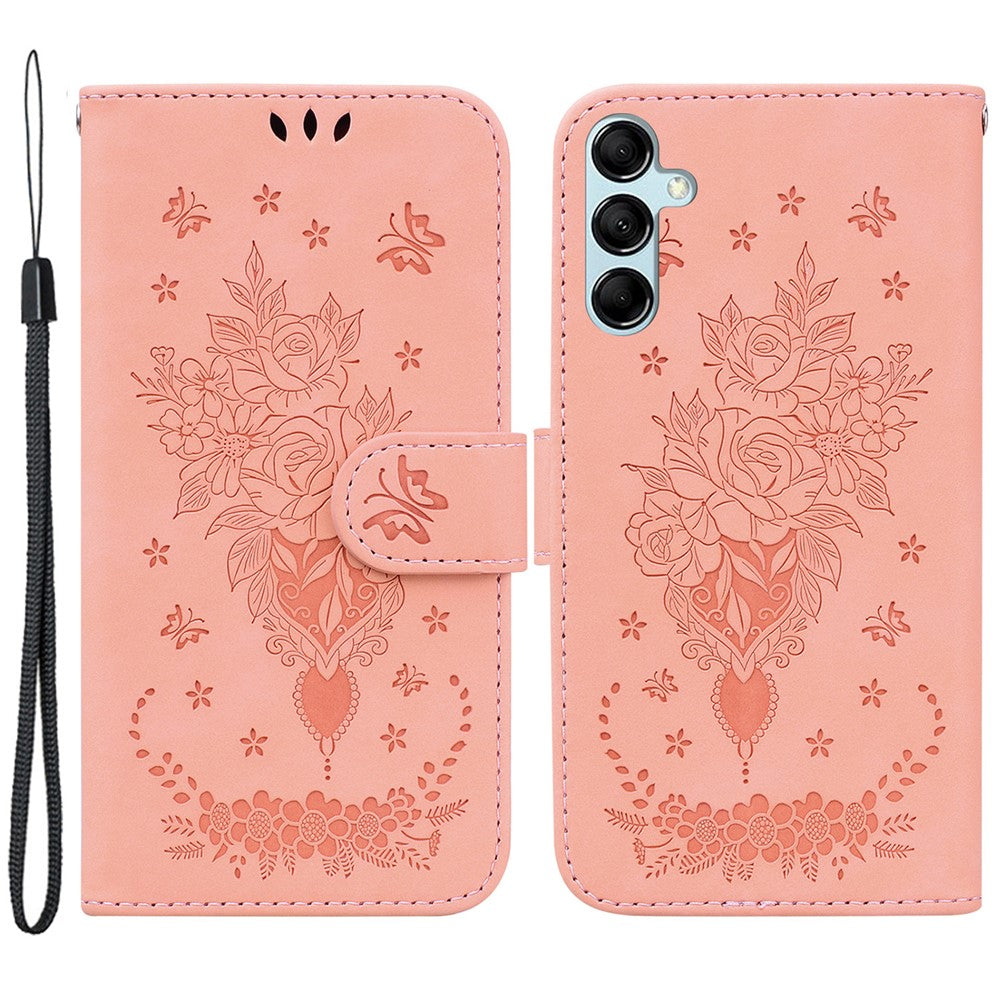 Leather Stand Wallet Phone Case for Samsung Galaxy M14 5G , Imprinted Rose Butterfly Phone Cover - Pink