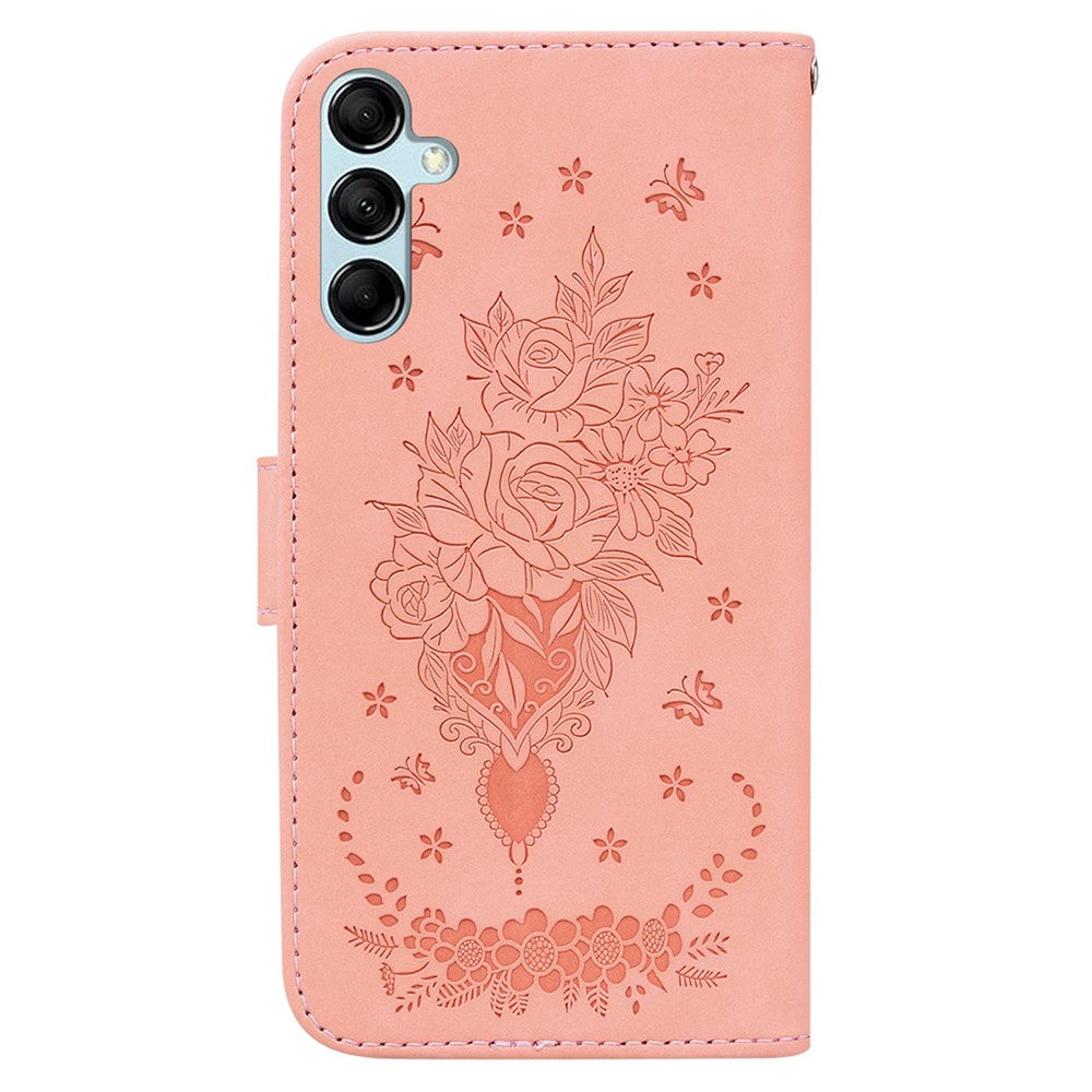 Leather Stand Wallet Phone Case for Samsung Galaxy M14 5G , Imprinted Rose Butterfly Phone Cover - Pink
