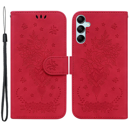 Leather Stand Wallet Phone Case for Samsung Galaxy M14 5G , Imprinted Rose Butterfly Phone Cover - Red