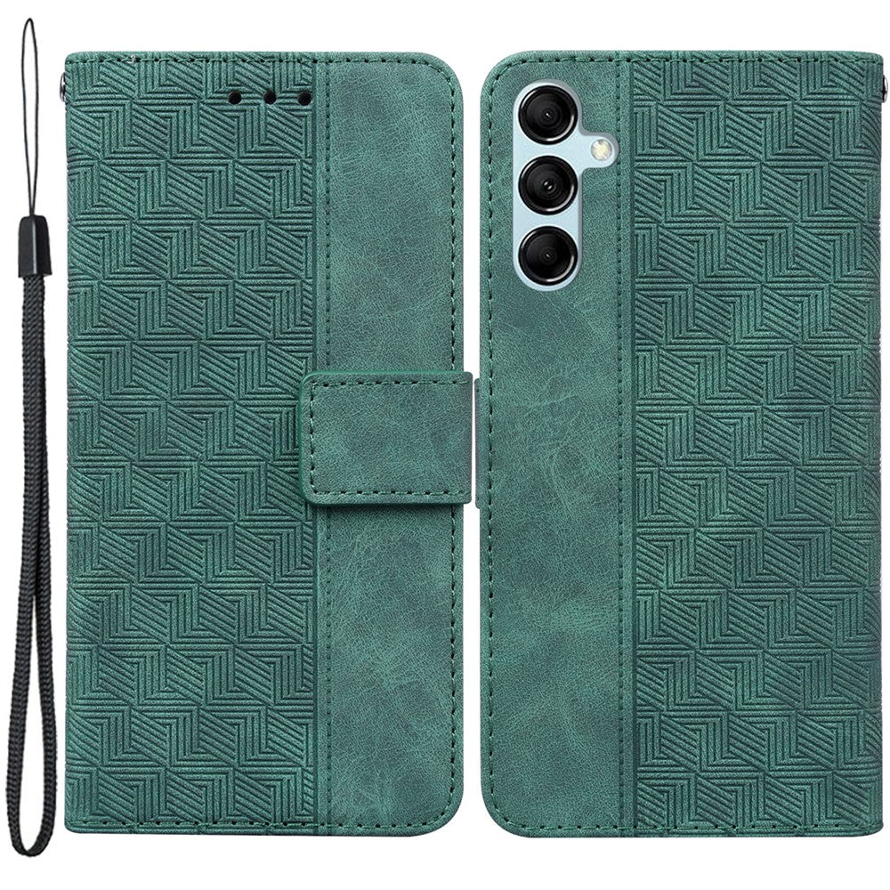 For Samsung Galaxy M14 5G Phone Case PU Leather Wallet Stand Geometry Pattern Imprinted Cover - Green