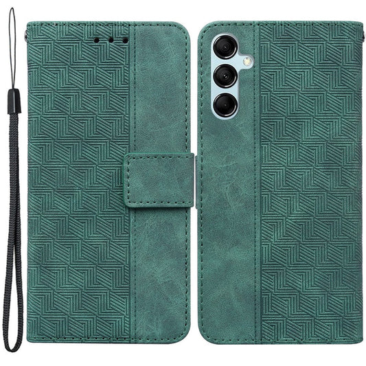 For Samsung Galaxy M14 5G Phone Case PU Leather Wallet Stand Geometry Pattern Imprinted Cover - Green