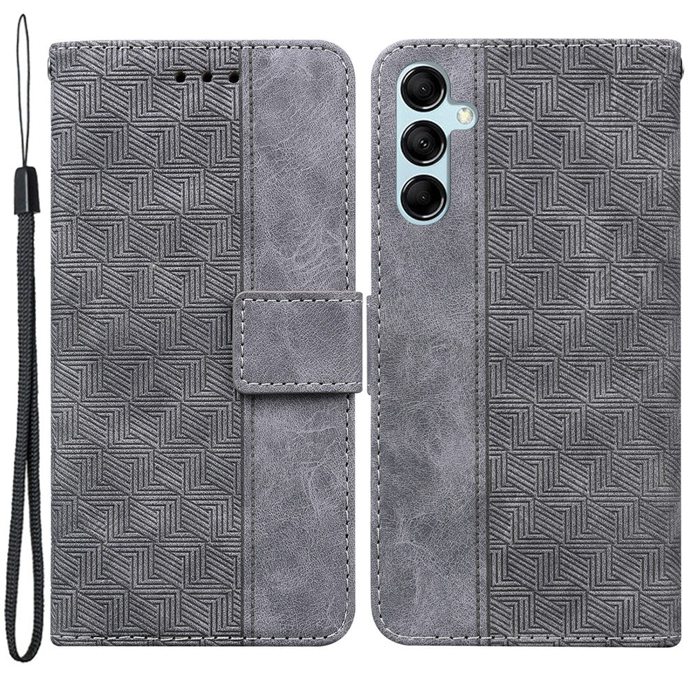 For Samsung Galaxy M14 5G Phone Case PU Leather Wallet Stand Geometry Pattern Imprinted Cover - Grey