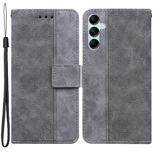 For Samsung Galaxy M14 5G Phone Case PU Leather Wallet Stand Geometry Pattern Imprinted Cover - Grey