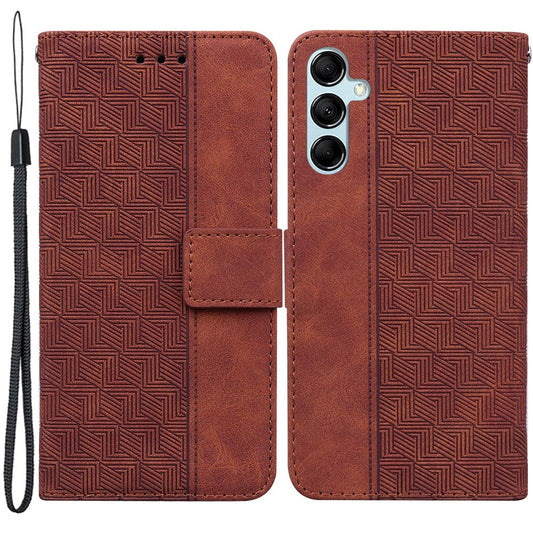 For Samsung Galaxy M14 5G Phone Case PU Leather Wallet Stand Geometry Pattern Imprinted Cover - Brown