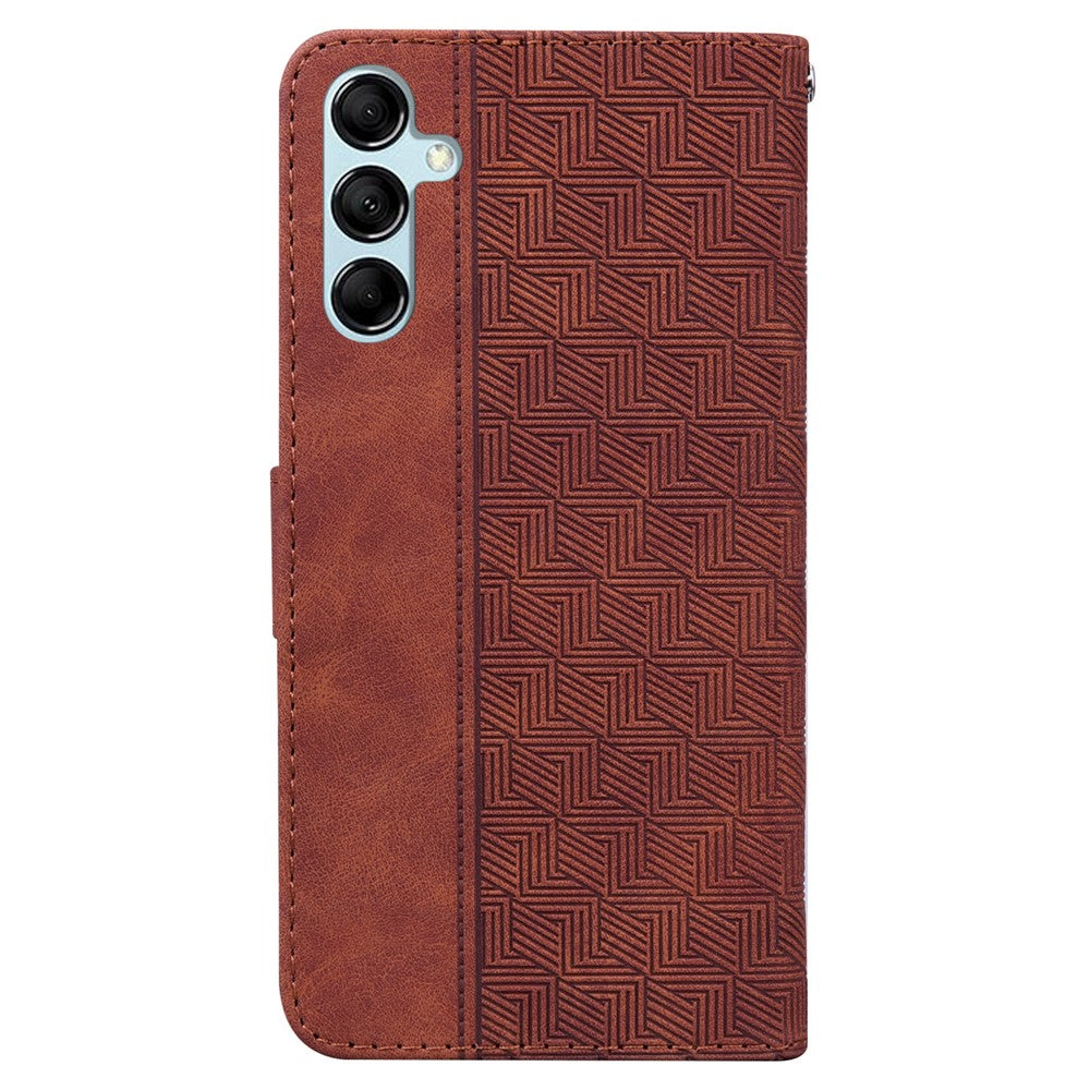 For Samsung Galaxy M14 5G Phone Case PU Leather Wallet Stand Geometry Pattern Imprinted Cover - Brown