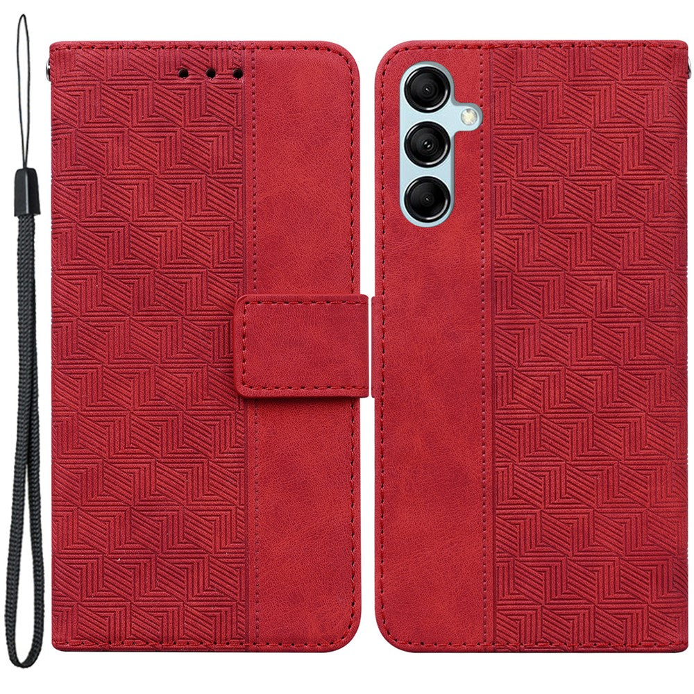 For Samsung Galaxy M14 5G Phone Case PU Leather Wallet Stand Geometry Pattern Imprinted Cover - Red