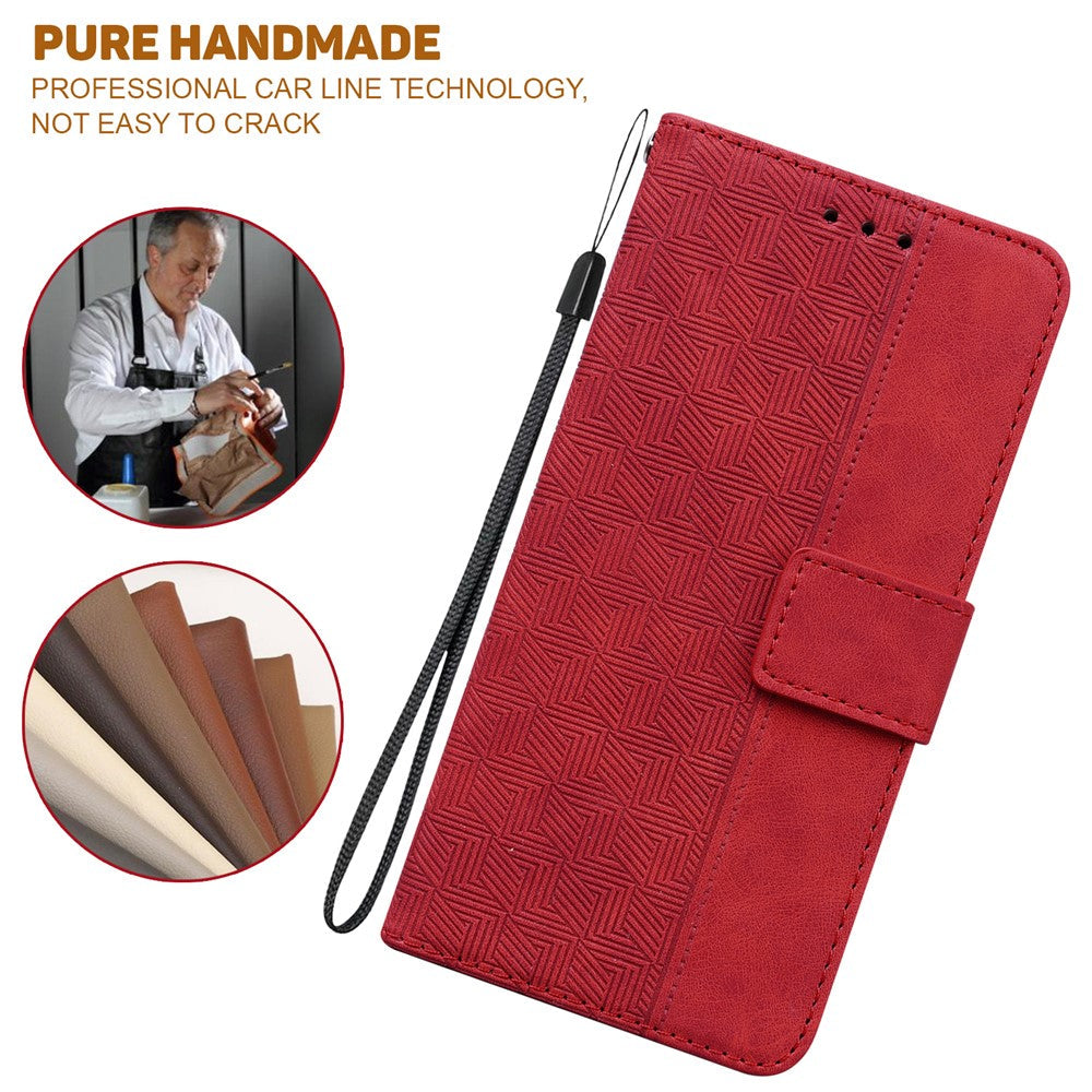 For Samsung Galaxy M14 5G Phone Case PU Leather Wallet Stand Geometry Pattern Imprinted Cover - Red