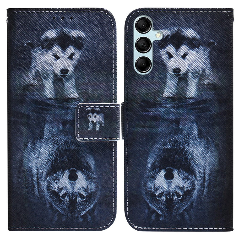 For Samsung Galaxy M14 5G Wallet Stand Pattern Printing Phone Case PU Leather Shockproof Cover Shell - Dog and Wolf