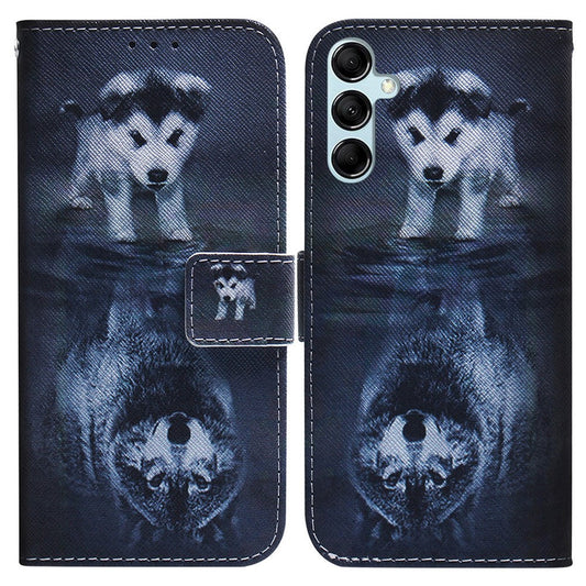 For Samsung Galaxy M14 5G Wallet Stand Pattern Printing Phone Case PU Leather Shockproof Cover Shell - Dog and Wolf