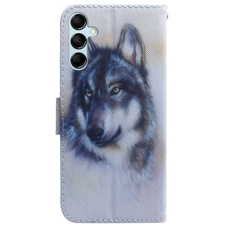 For Samsung Galaxy M14 5G Wallet Stand Pattern Printing Phone Case PU Leather Shockproof Cover Shell - Wolf