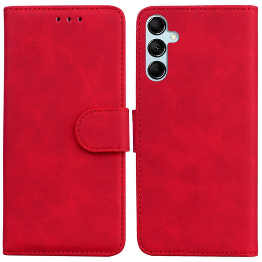 Solid Color Phone Case for Samsung Galaxy M14 5G Scratch Resistant PU Leather Wallet Stand Cover - Red