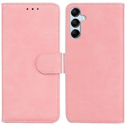 Solid Color Phone Case for Samsung Galaxy M14 5G Scratch Resistant PU Leather Wallet Stand Cover - Pink