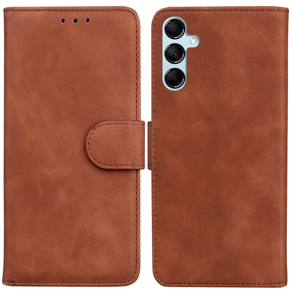 Solid Color Phone Case for Samsung Galaxy M14 5G Scratch Resistant PU Leather Wallet Stand Cover - Brown