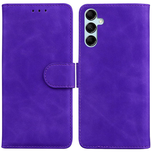 Solid Color Phone Case for Samsung Galaxy M14 5G Scratch Resistant PU Leather Wallet Stand Cover - Purple